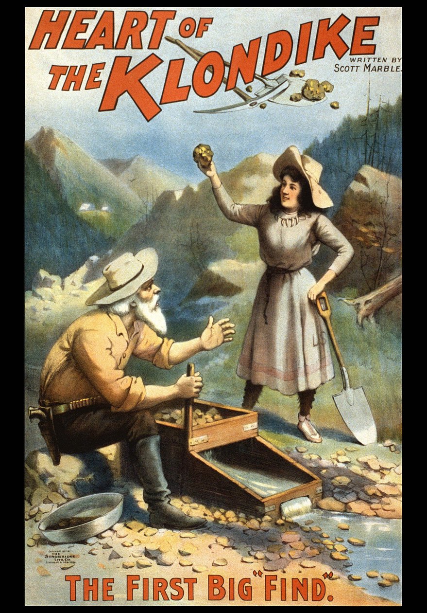 Illustrasjon som viser en gullsøker i Klondike. The heart of the Klondike av S. Marble. Plakat fra slutten av 1800-tallet. av Unknown artist