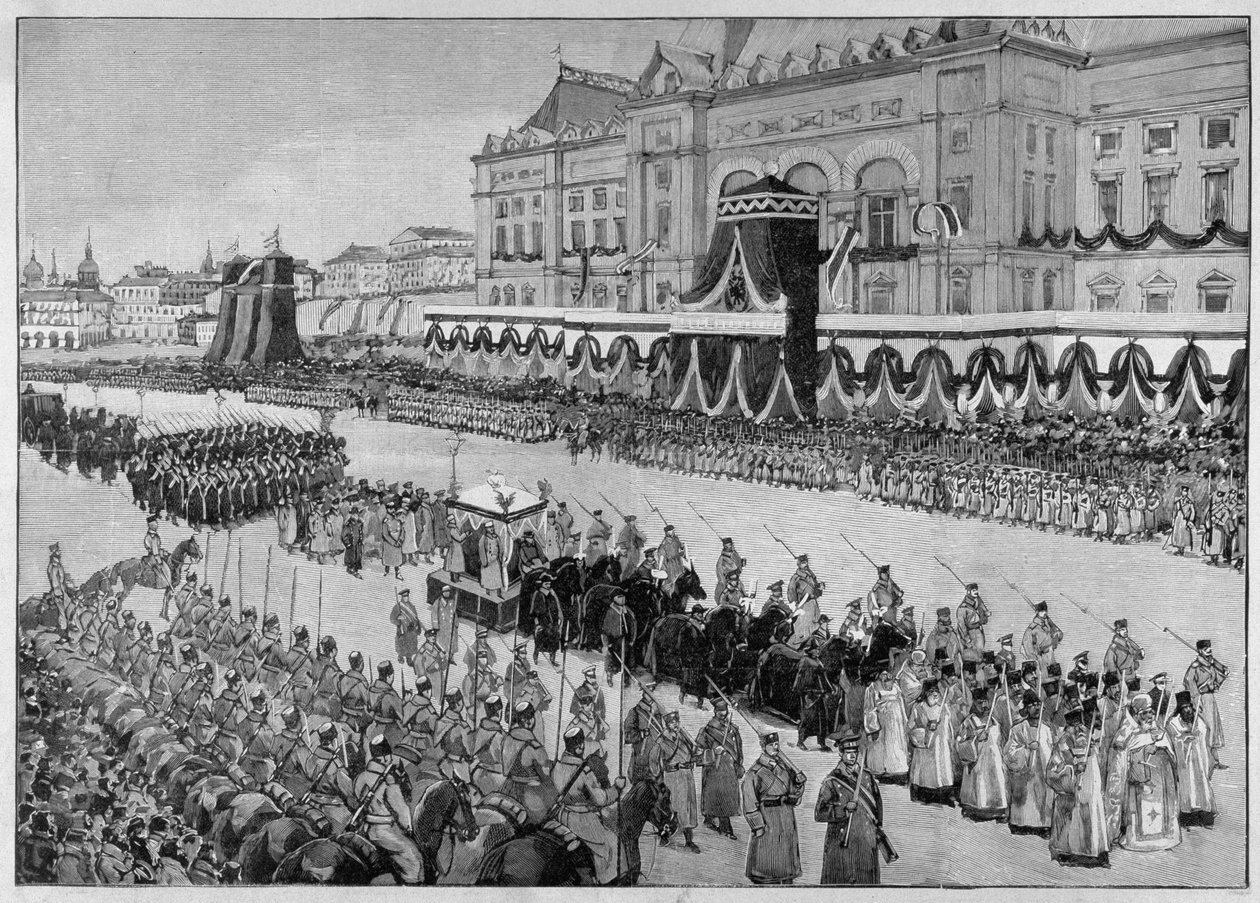 Illustrasjon som viser begravelsen til tsar Alexander III i 1894. «Den illustrerte verden» av Unknown artist