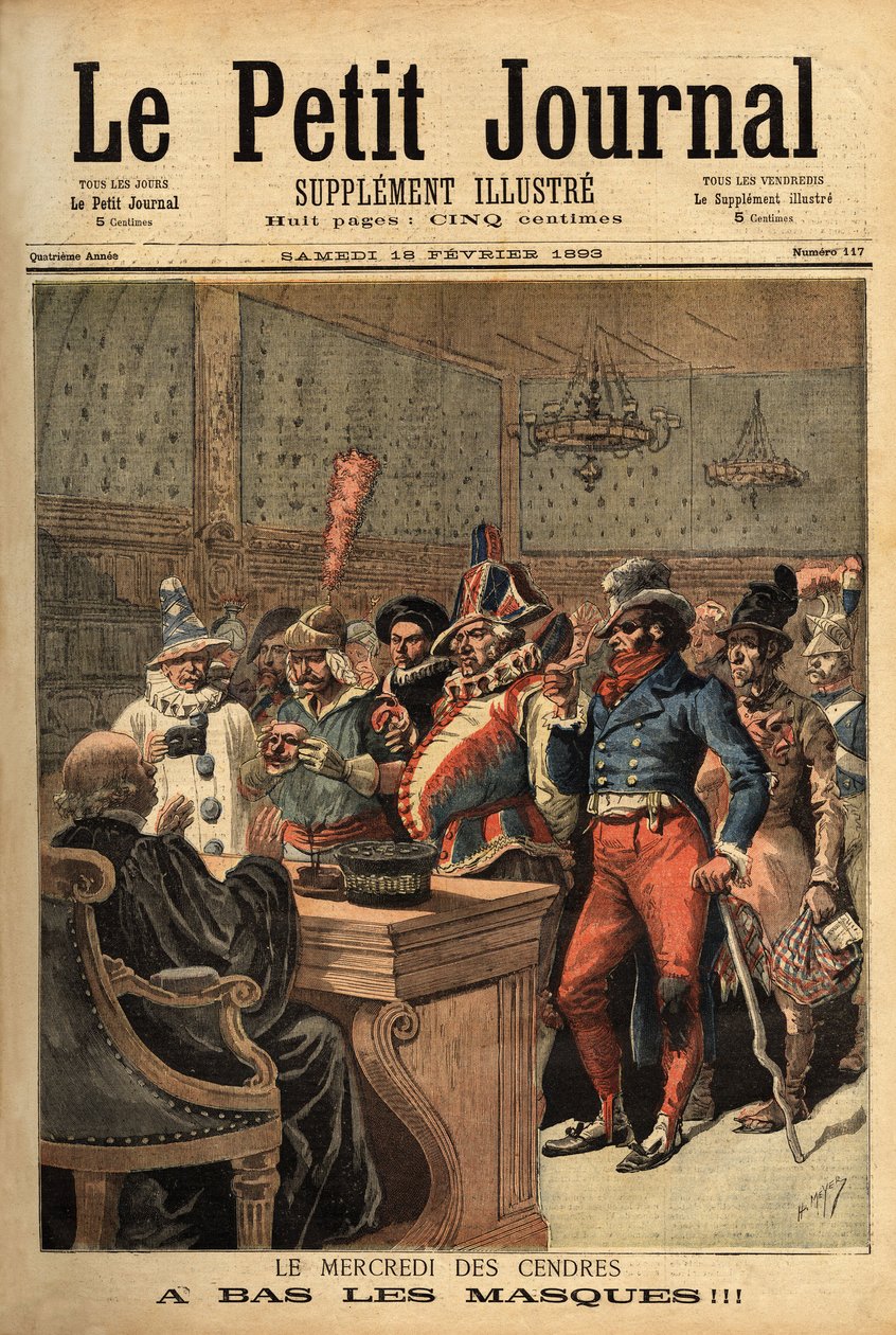 Illustrasjon for askeonsdag, etter karnevalet i Mardi Gras, passerer festkostymene foran dommeren for å avduke seg selv. Gravering i "" Le petit journal"" 18/02/1893. Selvas samling. av Unknown artist