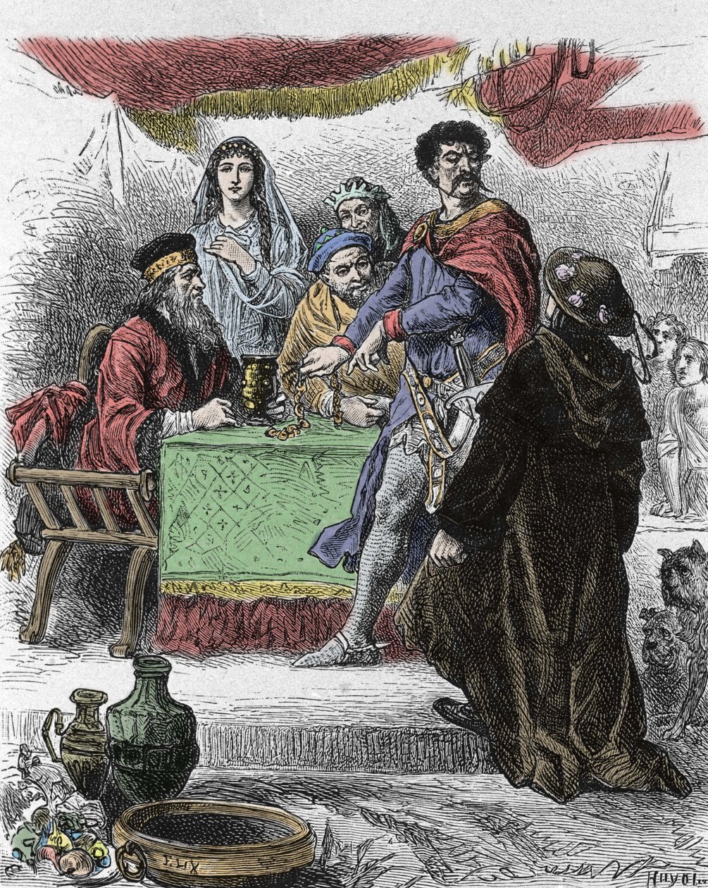 Illustrasjon for «Ivanhoe» av Walter Scott (1771-1832), skotsk forfatter: Ivanhoe blir utfordret av den saksiske ridder Brian de Bois Guilbert. av Unknown artist