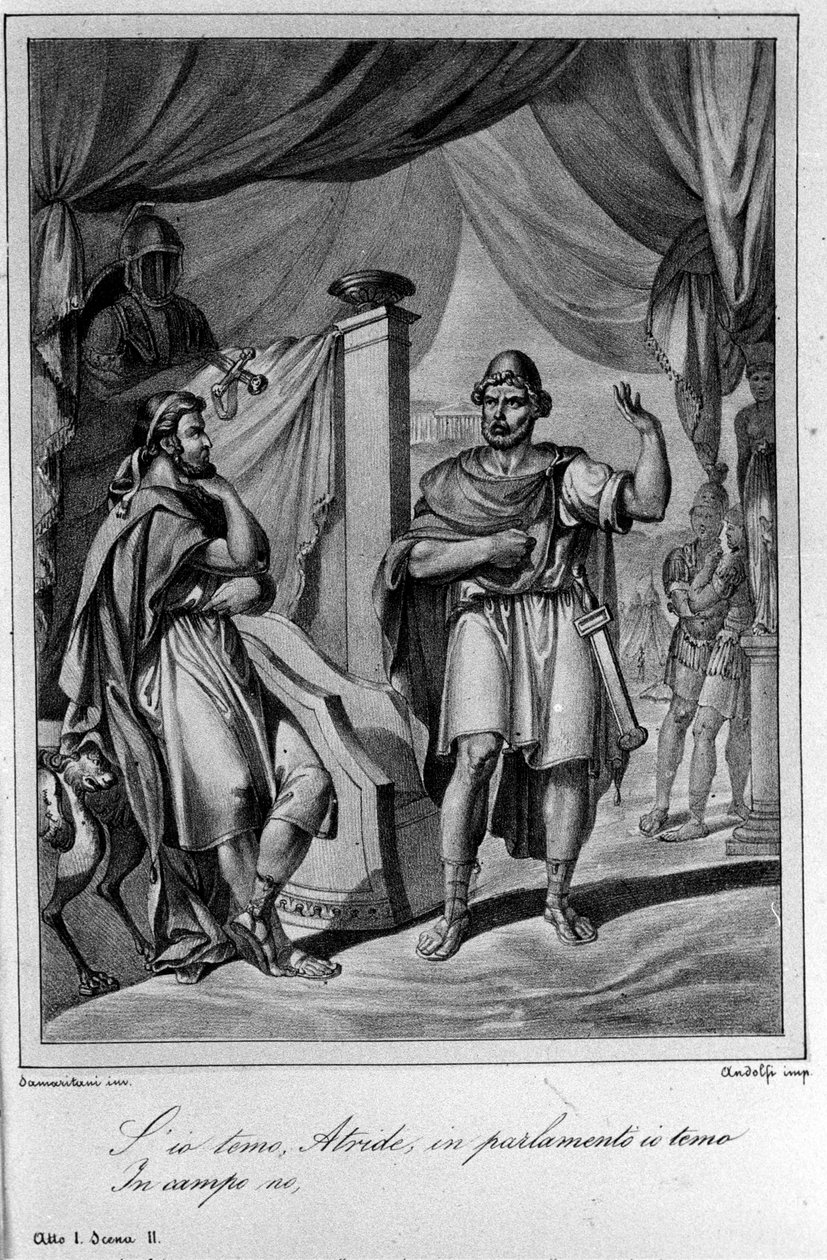Illustrasjon for scene 2 av akt I av "Ajax"" (Aiace) av den italienske poeten og dramatikeren Ugo Foscolo (1778-1827) 1800-tallet av Unknown artist