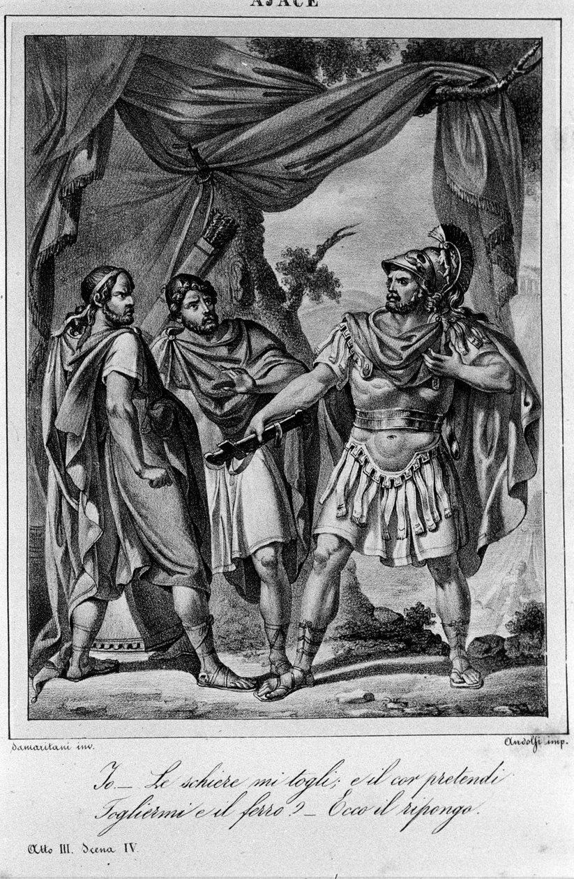 Illustrasjon for scene 3 av akt IV av "" Ajax"" (Aiace) av den italienske poeten og dramatikeren Ugo Foscolo (1778-1827) 1800-tallet av Unknown artist