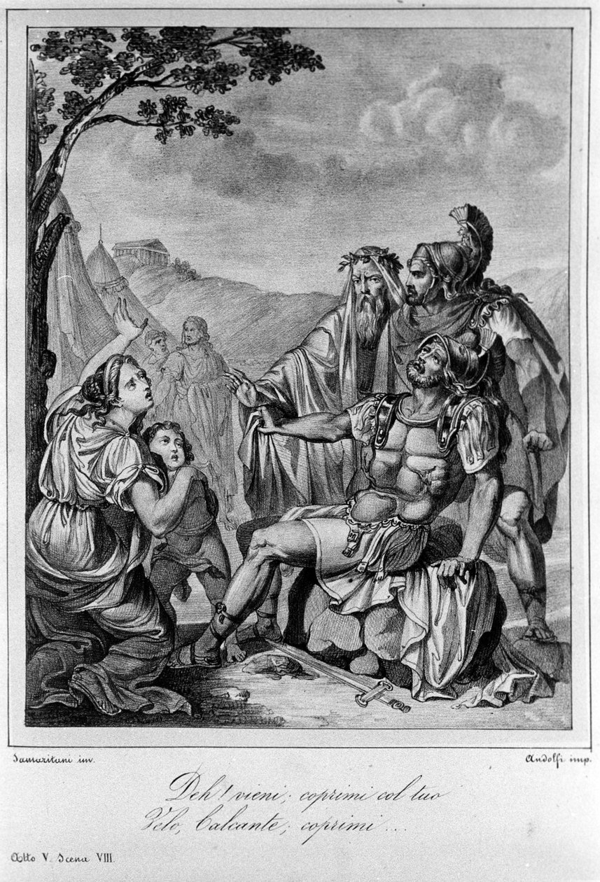 Illustrasjon for scene 8 av akt V av "" Ajax"" (Aiace) av den italienske poeten og dramatikeren Ugo Foscolo (1778-1827) 1800-tallet av Unknown artist