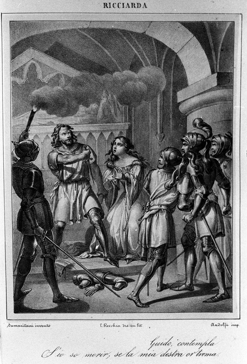 Illustrasjon for den siste scenen i akt V av "Ricciarda" av den italienske poeten og dramatikeren Ugo Foscolo (1778-1827) 1800-tallet av Unknown artist