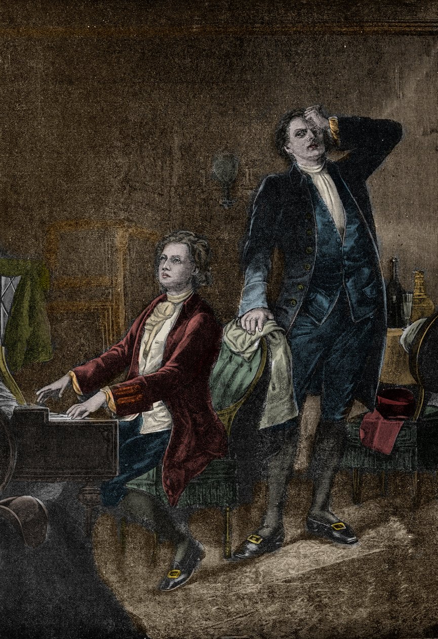Illustrasjon fra dramaet "" Mozart og Salieri""", av Alexander Pushkin, Skrevet i 1830 - Antonio Salieri sjalu av Wolfgang Amadeus Mozart av Unknown artist