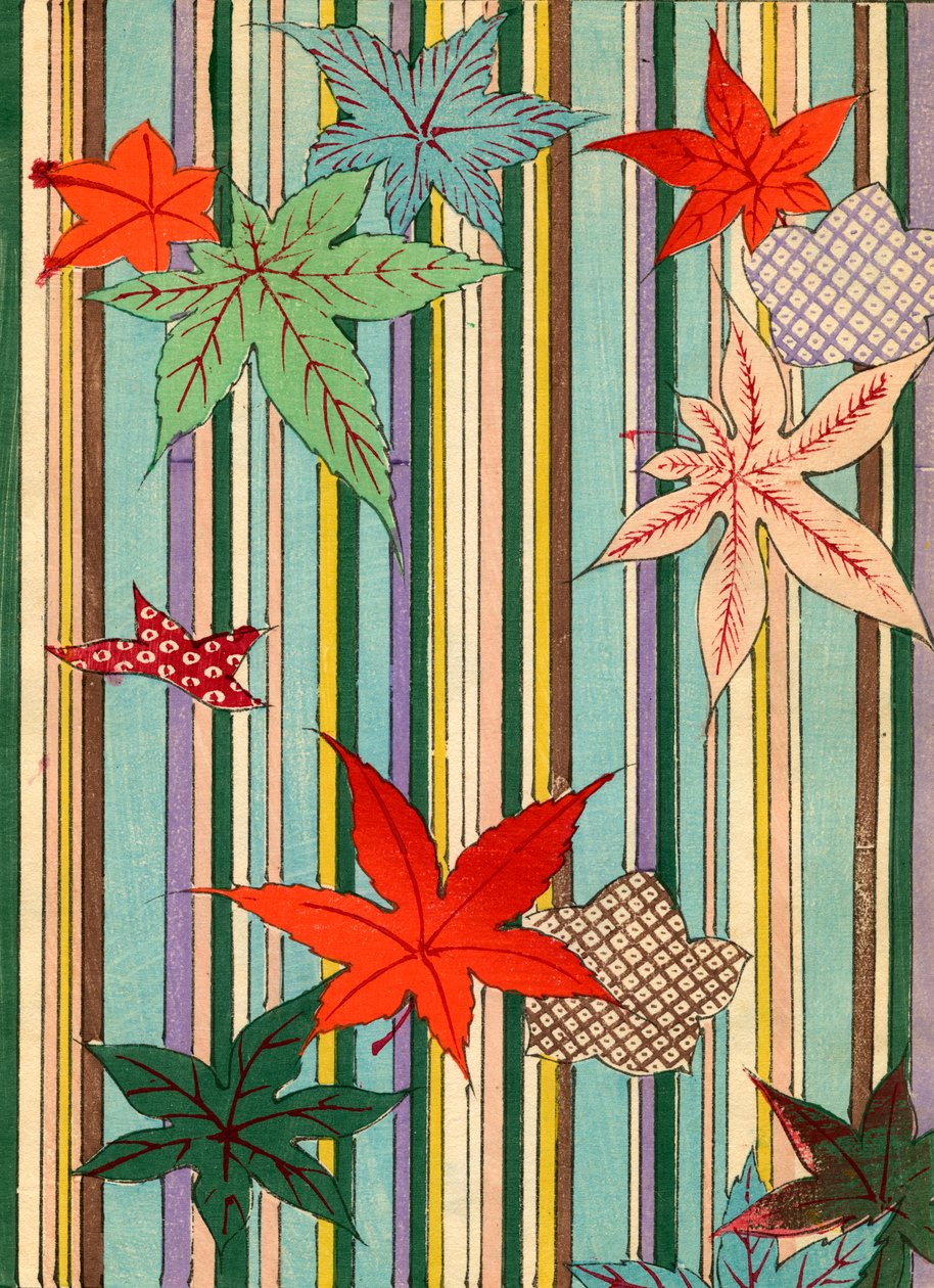 Illustrasjon av høstløv på en stripete bakgrunn av Unknown artist