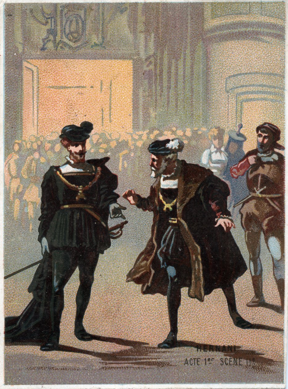 Illustration of “” Ernani” by Italian composer Giuseppe Verdi (1813 - 1901), act 1, scene II opera created in 1844 after the tragedie “” Hernani”” by Victor Hugo. Chromolithography of the late 19th century. av Unknown artist
