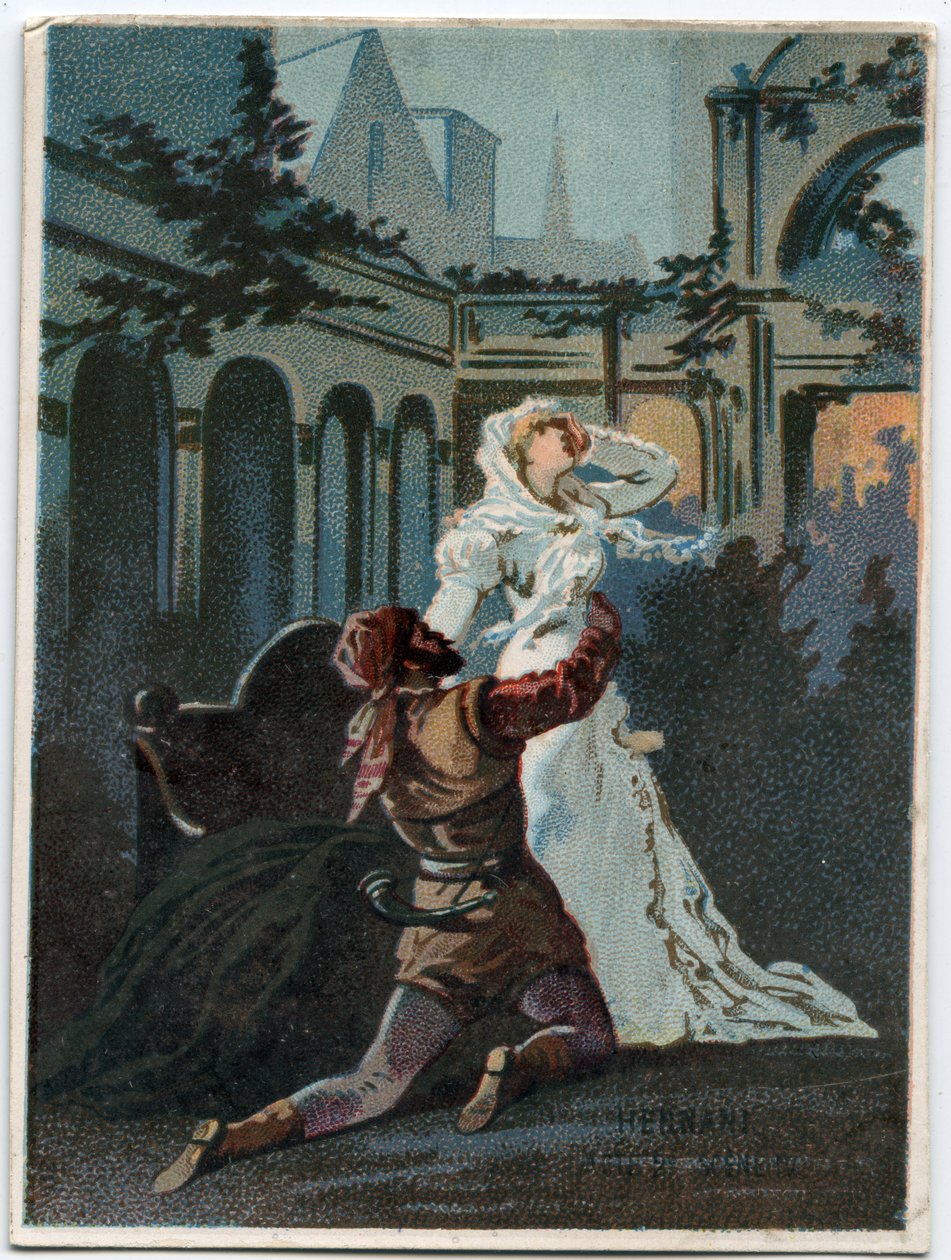 Illustrasjon av "" Ernani" av den italienske komponisten Giuseppe Verdi (1813 - 1901), akt 2, scene IV opera opprettet i 1844 etter tragedien "" Hernani"" av Victor Hugo. Kromolitografi fra slutten av 1800-tallet. av Unknown artist
