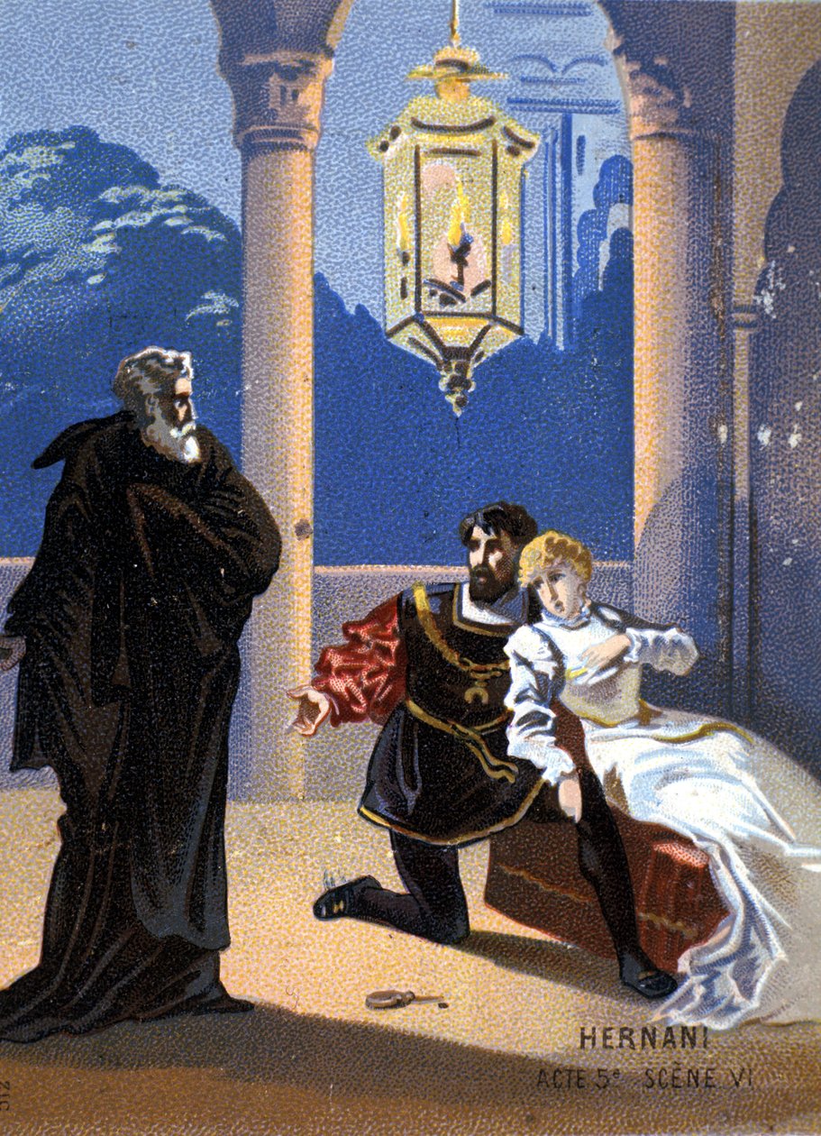 Illustrasjon av "Ernani" av den italienske komponisten Giuseppe Verdi (1813 - 1901), akt V, scene 6, opera laget i 1844 etter Victor Hugos tragedie "Hernani". kromolitografi fra slutten av 1800-tallet.. av Unknown artist