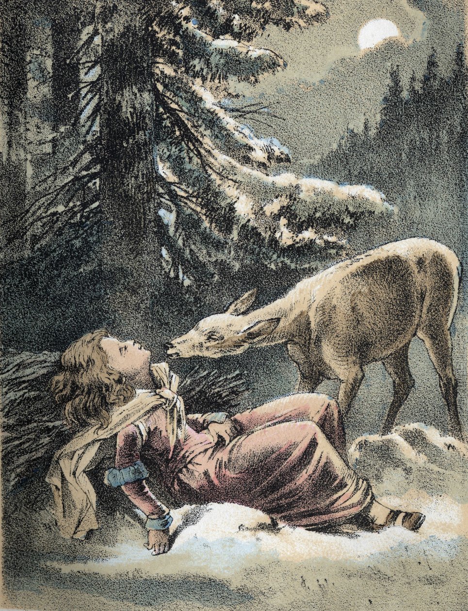 Illustrasjon av Franz Hoffmanns fortellinger “” Tales and Fables - Von Weifsh¿ndchen und breitf¿fschen””: en jente besvimte i snøen og en hjort. Kromolitografi fra 1800-tallet. av Unknown artist