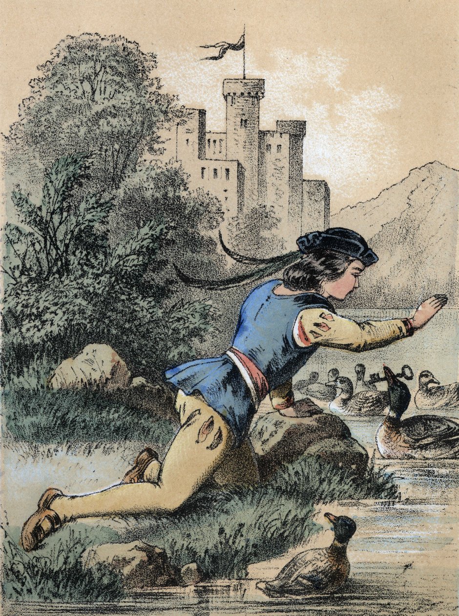 Illustrasjon av Franz Hoffmanns fortellinger "" Tales et Fables - Les 3 princes"": En prins som mottar en nøkkel fra en and. Kromolitografi fra 1800-tallet. av Unknown artist