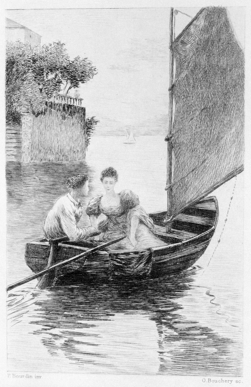 Illustrasjon av "Red and Black" av Stendhal. 1830. Julien Sorel og Madame de Renal representert på en seilbåt. Gravering fra slutten av 1800-tallet. av Unknown artist