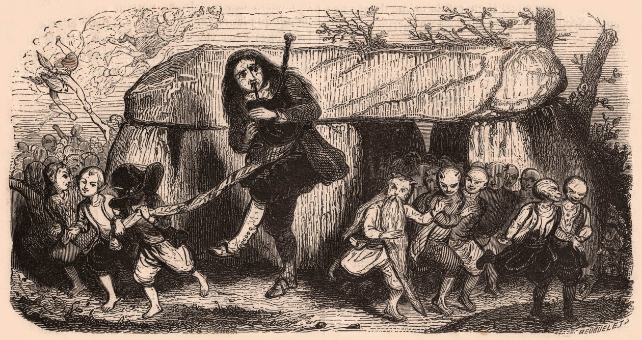 Illustrasjon av en legende etter bretonske tradisjoner: den laotiske sekkepipespilleren og nisser som danser foran en dolmen av Unknown