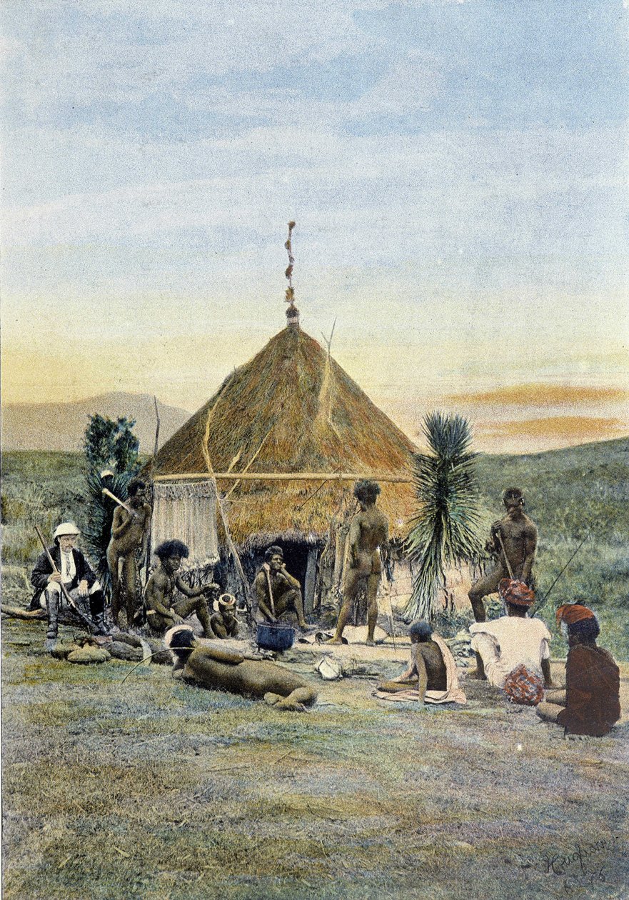 Illustrasjon av en telegrafleir nær Uarai i Ny-Caledonia. av Unknown artist