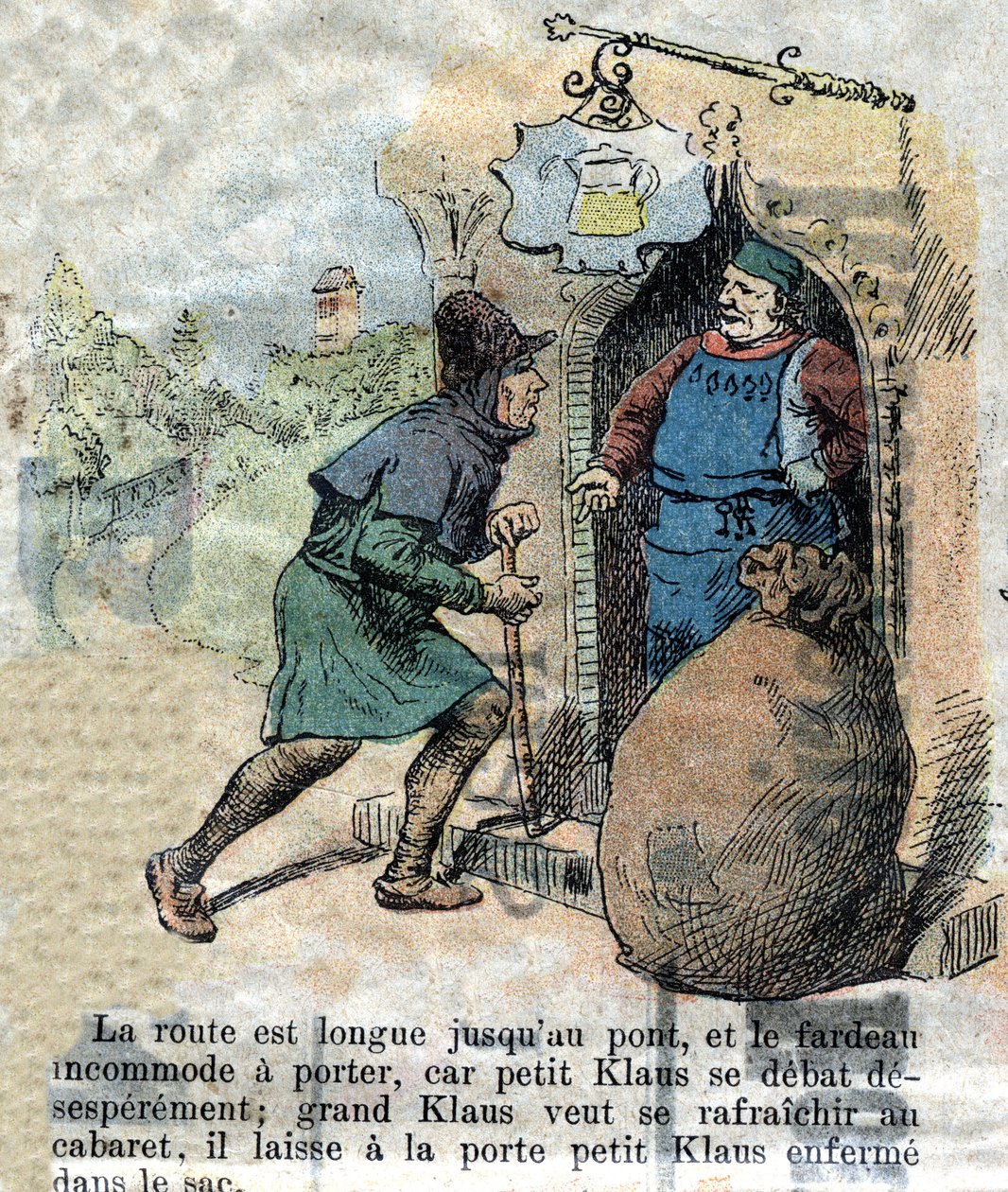 Illustrasjon fra slutten av 1800-tallet for eventyret av HC Andersen (1805-1875) "Store Claus og Lille Claus" (Klaus). Privat samling. av Unknown artist