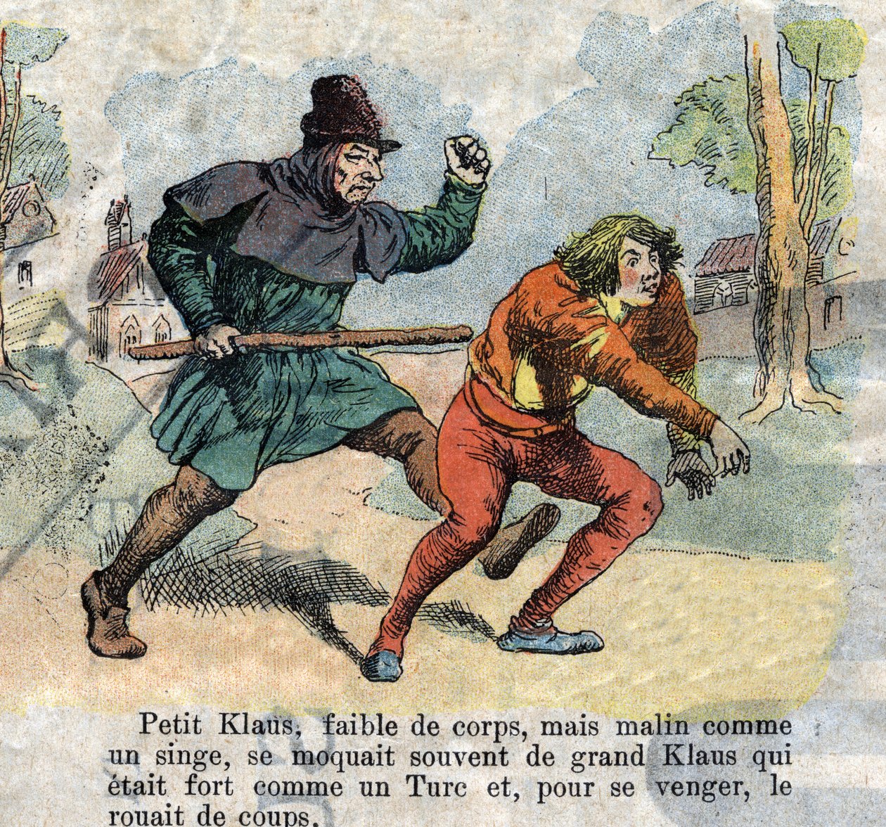 Illustrasjon fra slutten av 1800-tallet for eventyret av HC Andersen (1805-1875) "Store Claus og Lille Claus" (Klaus). Privat samling. av Unknown artist