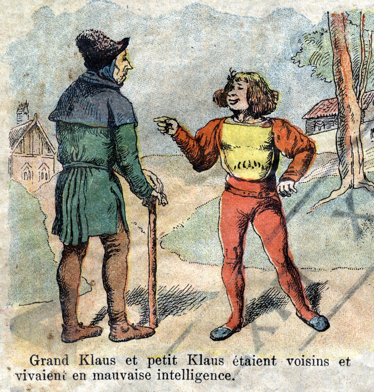 Illustration of the late 19th century for the tale by Hans Christian Andersen (1805-1875) “Grand Claus and Little Claus” (Klaus).Private collection. av Unknown artist