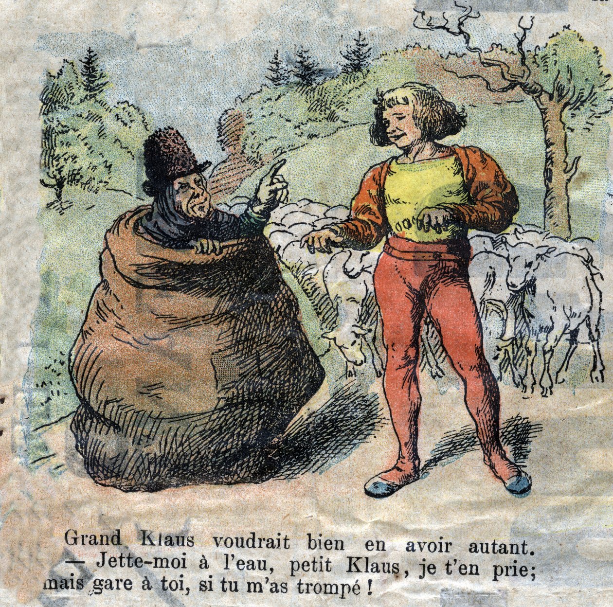 Illustration of the late 19th century for the tale by Hans Christian Andersen (1805-1875) “Grand Claus and Little Claus” (Klaus).Private collection. av Unknown artist