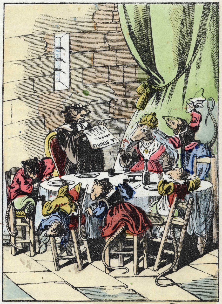 Illustrasjon av eventyret "Den forferdelige Raminagrobis og musene""" tegner fabler av Jean de la Fontaine. I "" Fortellinger fra hjemmet for de minste"". Anonym gravering fra 1800-tallet. av Unknown artist