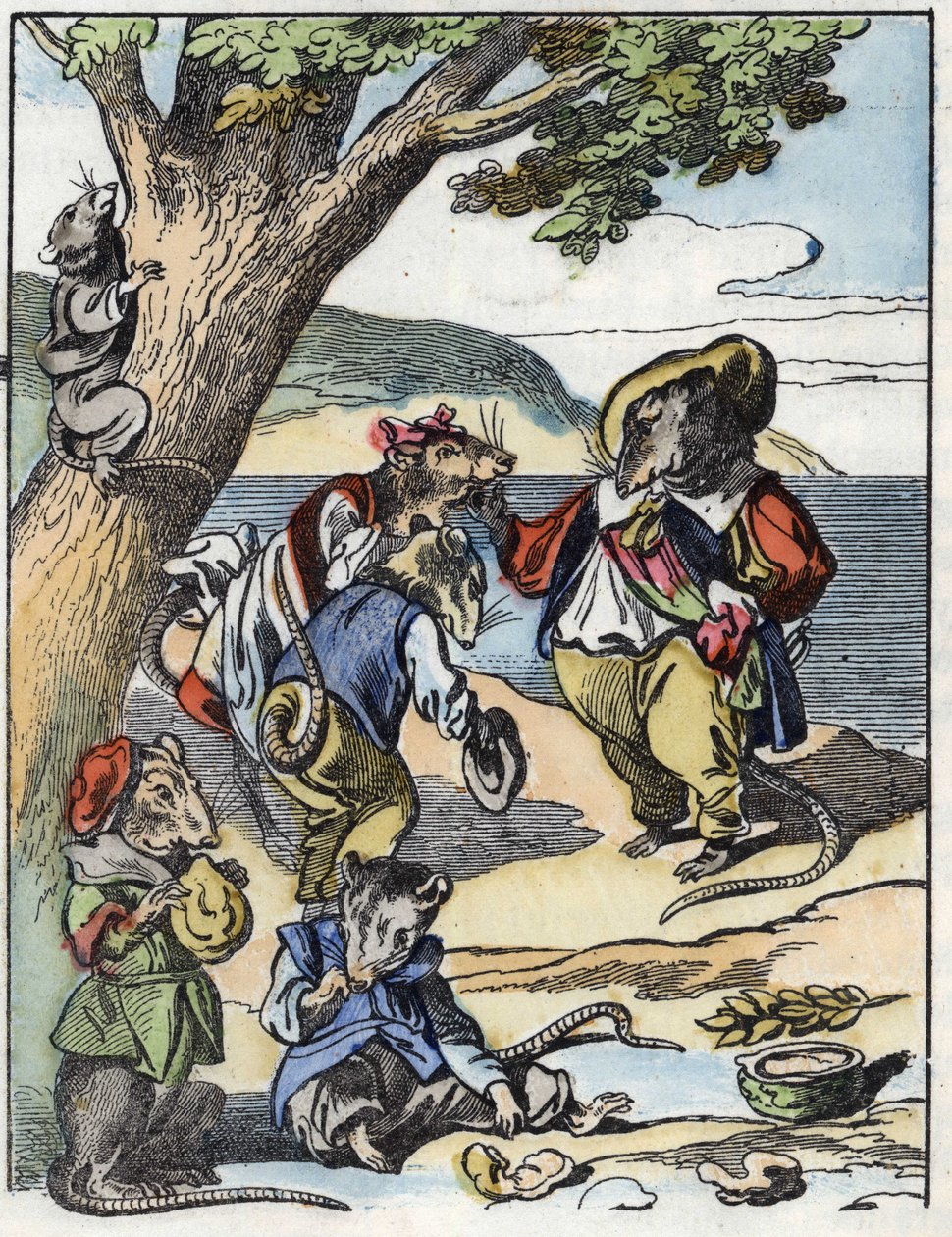 Illustrasjon av eventyret "Den forferdelige Raminagrobis og musene""" tegner fabler av Jean de la Fontaine. I "" Fortellinger fra hjemmet for de minste"". Anonym gravering fra 1800-tallet. av Unknown artist