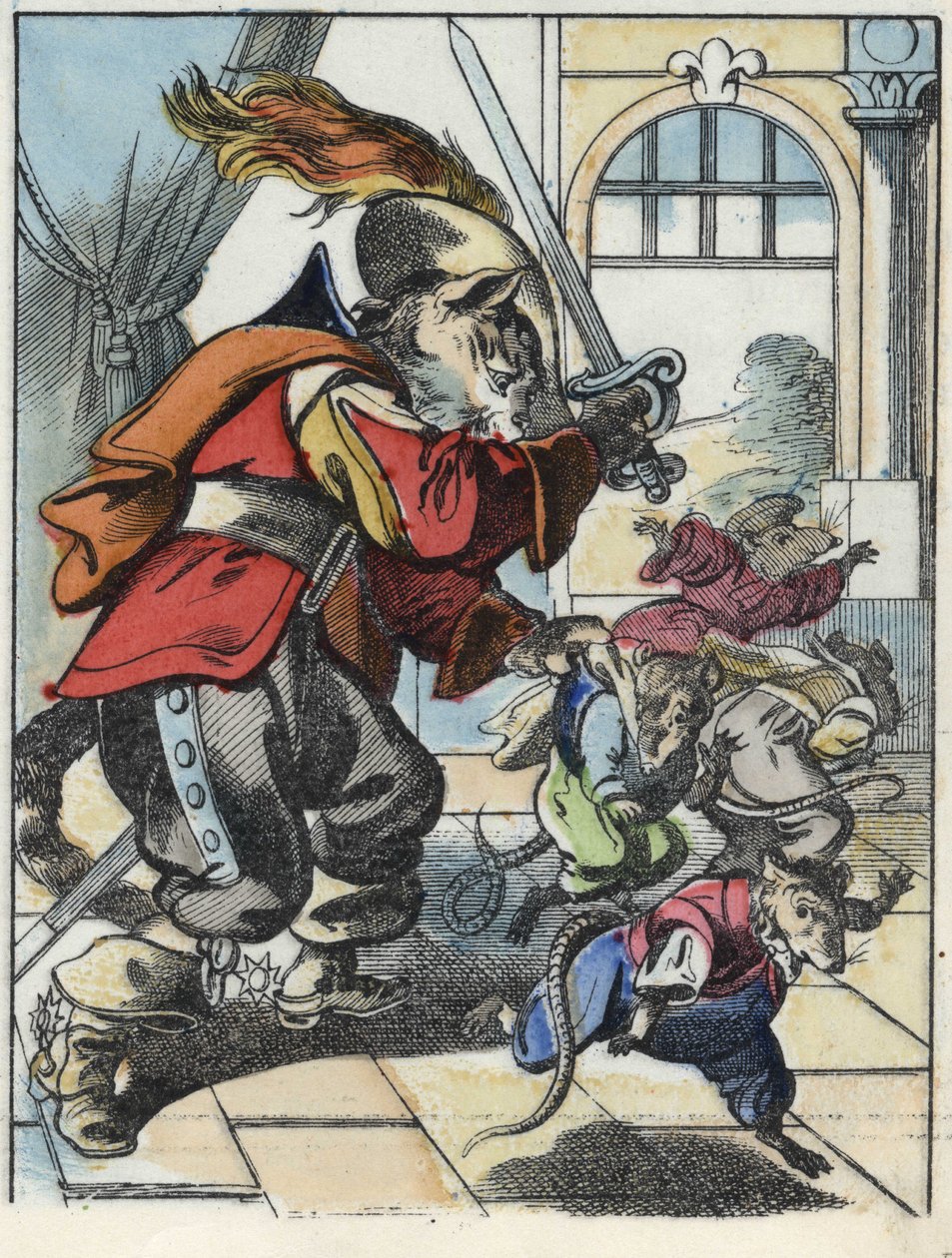 Illustration of the tale “The terrible Raminagrobis and the mice””” character draws fables by Jean de la Fontaine. In “” Tales from the home for the little ones””. Anonymous engraving of the 19th century. av Unknown artist
