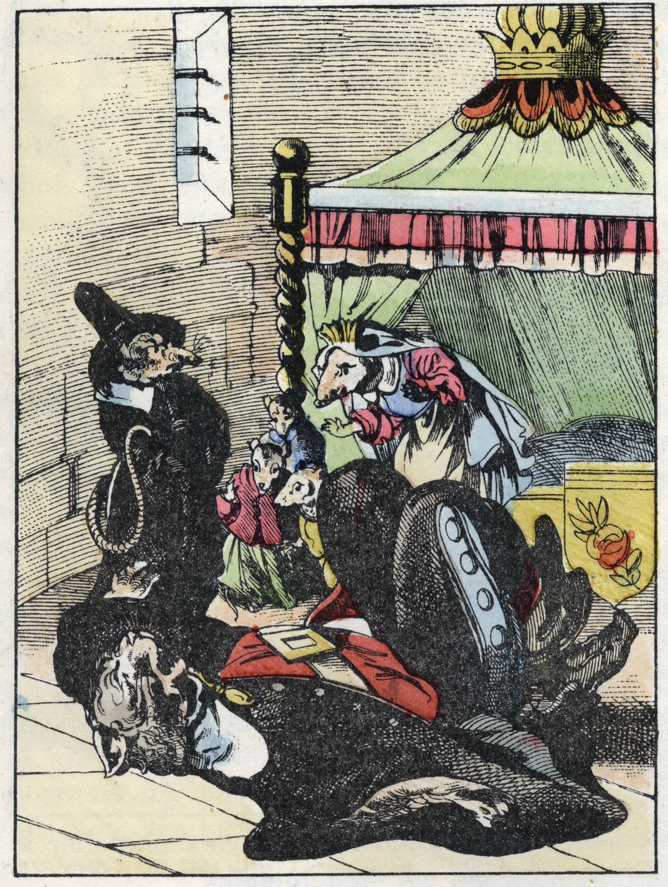 Illustration of the tale “The terrible Raminagrobis and the mice””” character draws fables by Jean de la Fontaine. In “” Tales from the home for the little ones””. Anonymous engraving of the 19th century. av Unknown artist