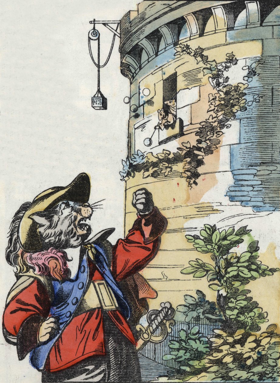 Illustration of the tale “The terrible Raminagrobis and the mice””” character draws fables by Jean de la Fontaine. In “” Tales from the home for the little ones””. Anonymous engraving of the 19th century. av Unknown artist