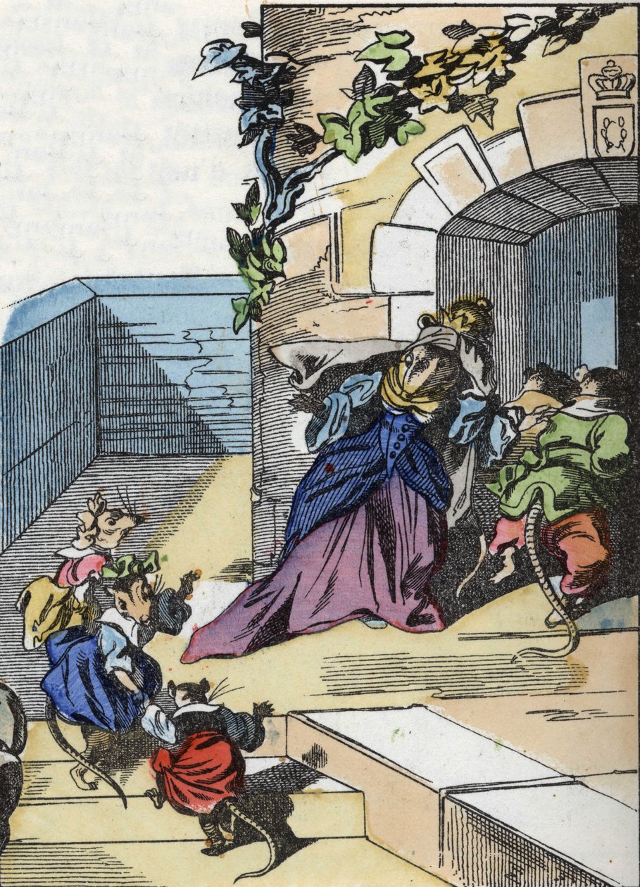 Illustration of the tale “The terrible Raminagrobis and the mice””” character draws fables by Jean de la Fontaine. In “” Tales from the home for the little ones””. Anonymous engraving of the 19th century. av Unknown artist