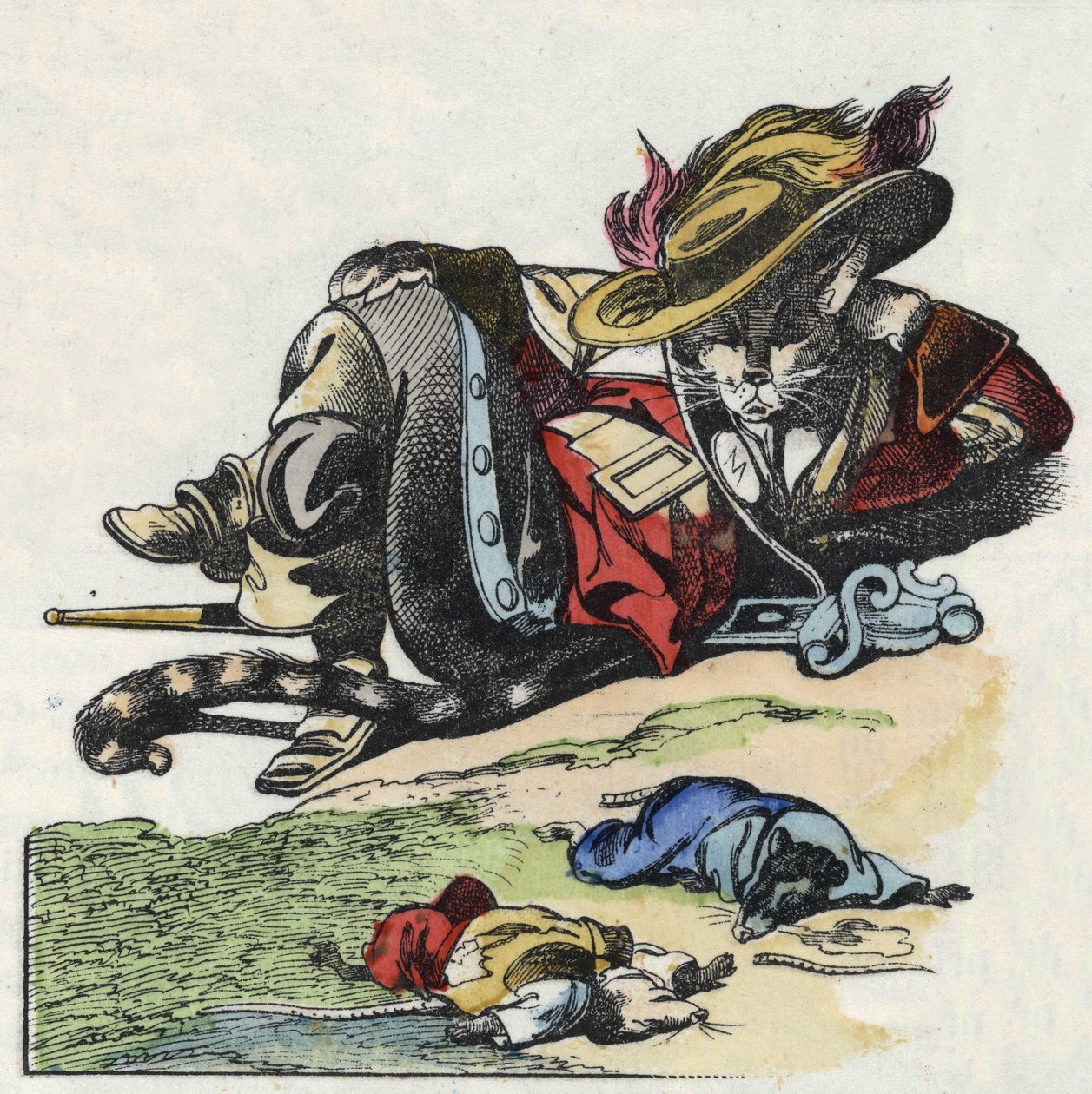 Illustrasjon av eventyret "Den forferdelige Raminagrobis og musene""" tegner fabler av Jean de la Fontaine. I "" Fortellinger fra hjemmet for de minste"". Anonym gravering fra 1800-tallet. av Unknown artist