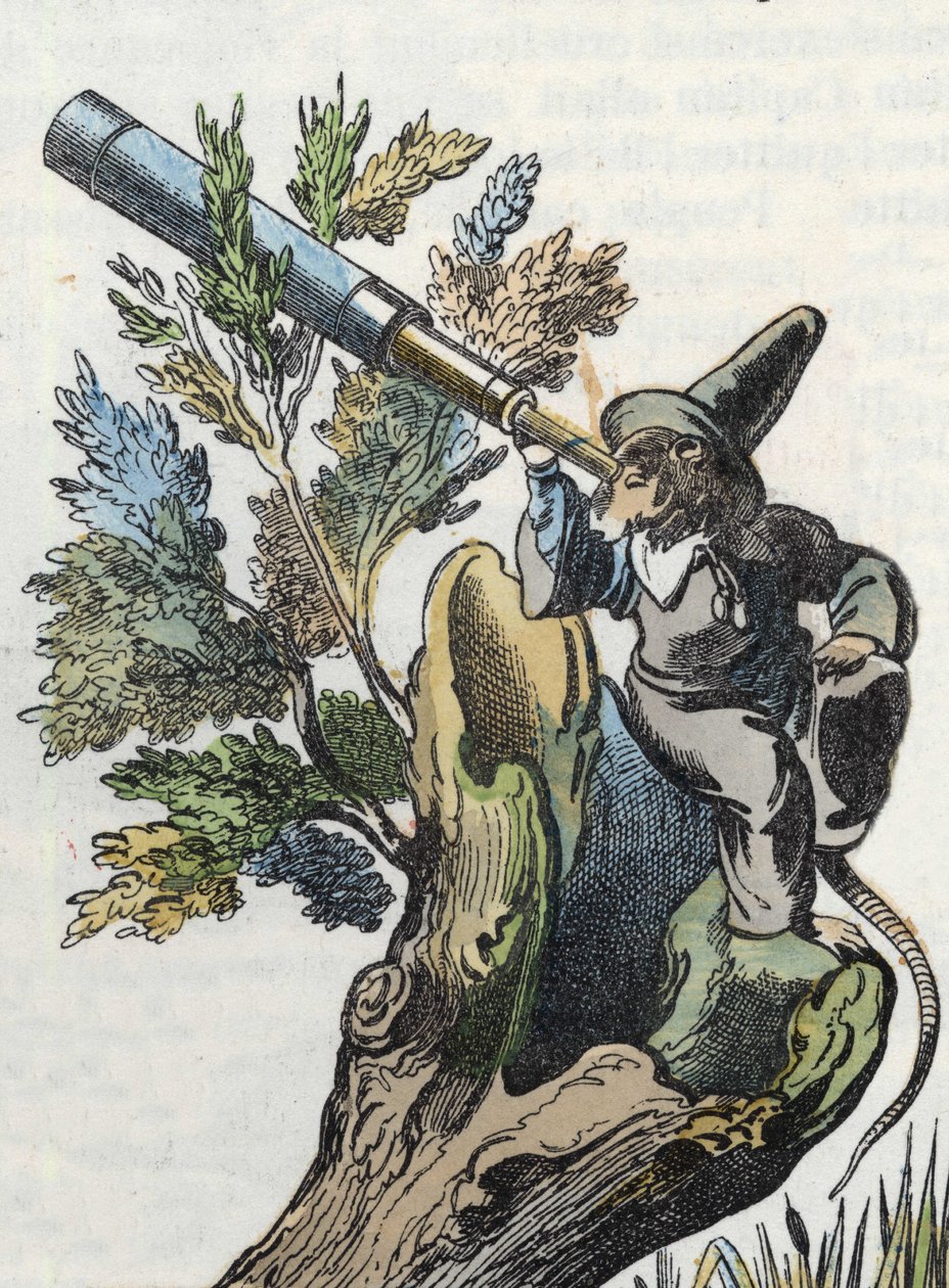 Illustrasjon av eventyret "Den forferdelige Raminagrobis og musene""" tegner fabler av Jean de la Fontaine. I "" Fortellinger fra hjemmet for de minste"". Anonym gravering fra 1800-tallet. av Unknown artist