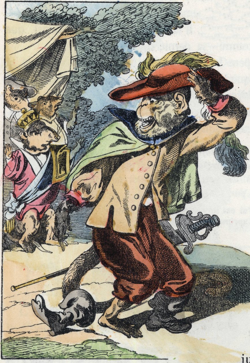 Illustrasjon av eventyret "Den forferdelige Raminagrobis og musene""" tegner fabler av Jean de la Fontaine. I "" Fortellinger fra hjemmet for de minste"". Anonym gravering fra 1800-tallet. av Unknown artist