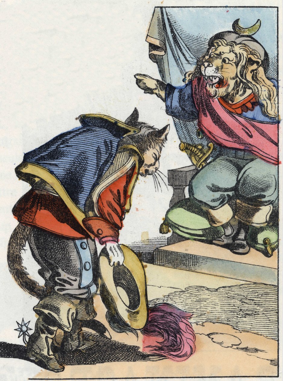 Illustrasjon av eventyret "Den forferdelige Raminagrobis og musene""" tegner fabler av Jean de la Fontaine. I "" Fortellinger fra hjemmet for de minste"". Anonym gravering fra 1800-tallet. av Unknown artist