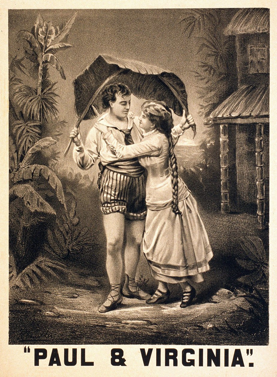 Illustration on Paul and Virginia. Roman by Henri Bernardin de Saint Pierre (Saint-Pierre or St-Pierre), French writer (1737-1814). Lithography, circa 1880. av Unknown artist