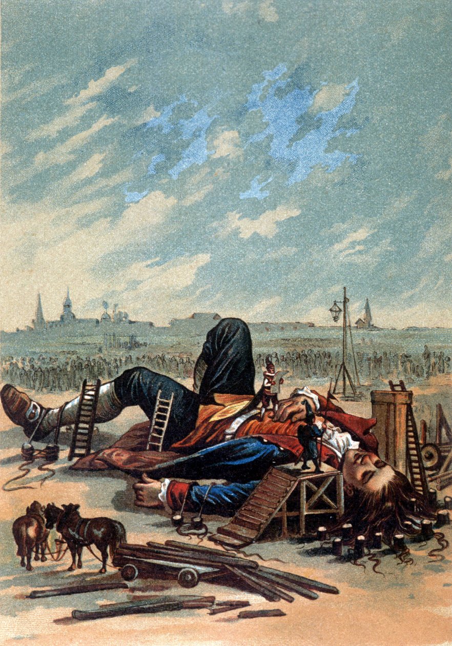 Illustrasjon som viser Lilliputians som fester Gulliver. Kromolitografi, sd. Sent på 1800-tallet. av Unknown artist