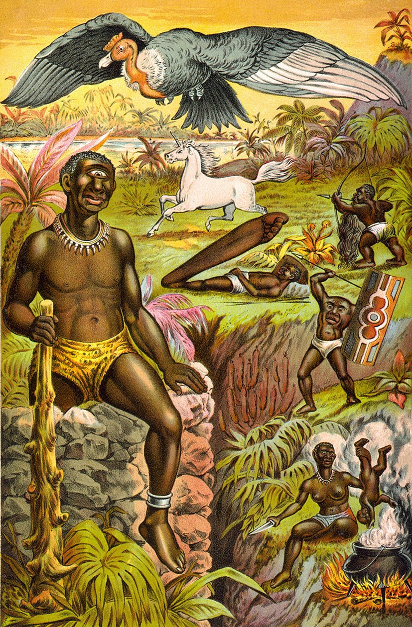Illustration with imaginary monsters from Africa entitled “” African superstitions illustrated”” (cyclops, unicorn...), circa 1889. av Unknown artist