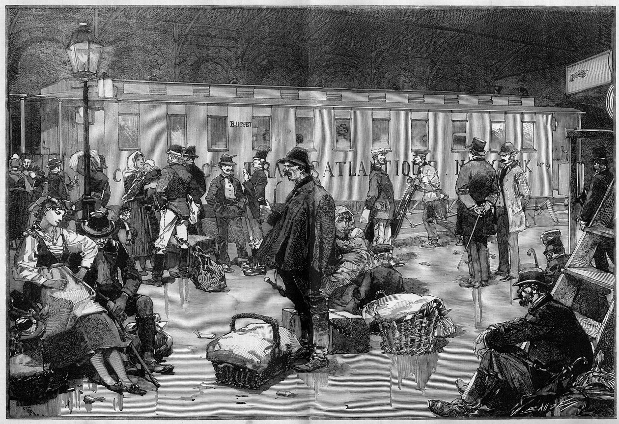 Immigration. Departing of emigrants in Europe to the United States of America: Special wagon of the General Transatlantic company going from the borders of Germany and Switzerland to Havre where passengers will board for New York. Engraving in “” Le Monde  av Unknown artist