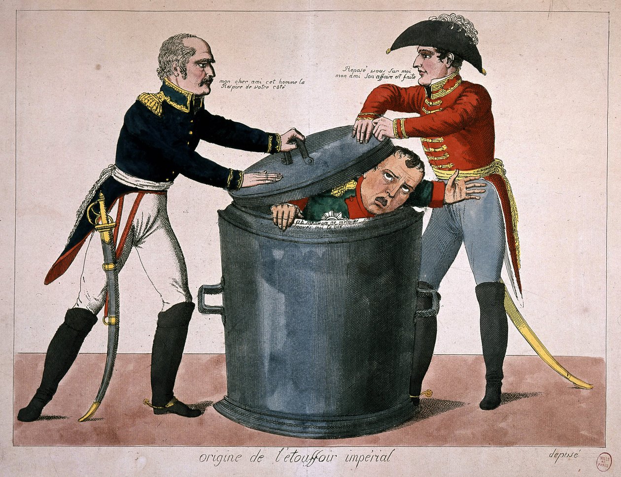 Imperial kvelning: Napoleon-I låst inn i en søppelkasse, n.d. deb. 19 av Unknown artist