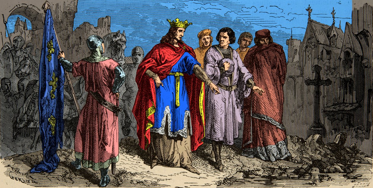 I 1186 beordret Philippe Auguste (1165-1223) å asfaltere gatene i Paris, gravering fra 1800-tallet av Unknown artist