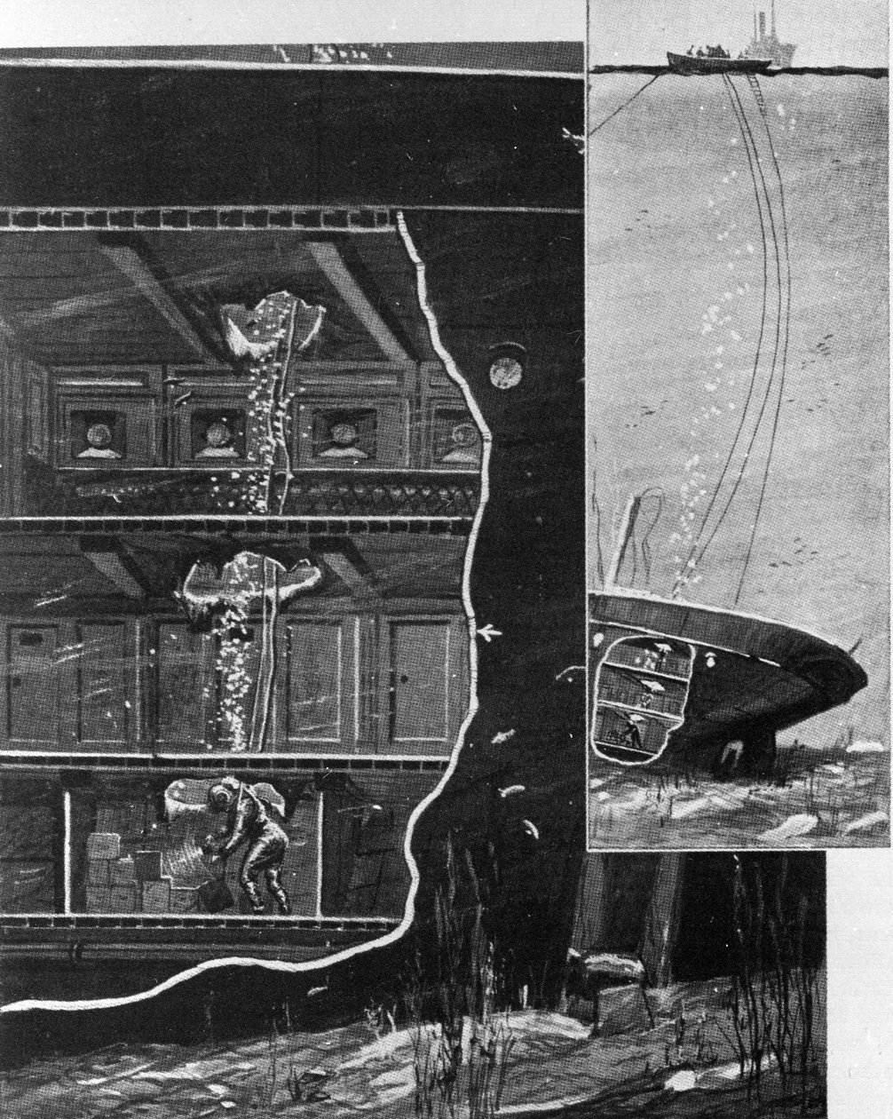 I 1885 nådde dykkeren Alexander Lambert skattkammeret til vraket av "Alfonso XII" i dypet av Kanariøyene. Periode illustrasjon av Unknown artist
