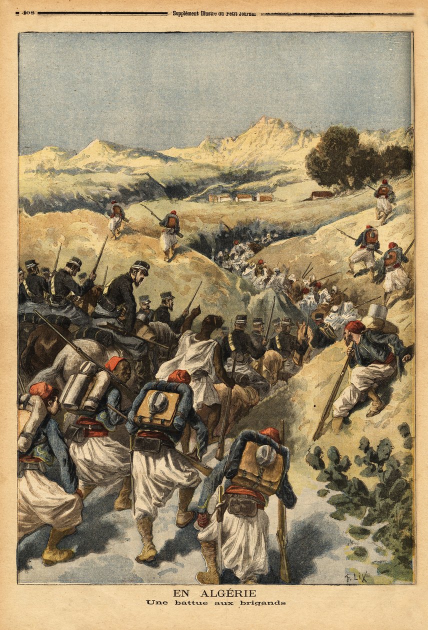 I Algerie, en bataljon organisert av en hel bataljon av Zouaves, forsterket av kavaleriet, for å fange Areski ben Bashir, tre ganger dømt til døden av domstolen i Alger. Gravering i "" Le petit journal"" 23.12.1893. Selvas samling. av Unknown artist