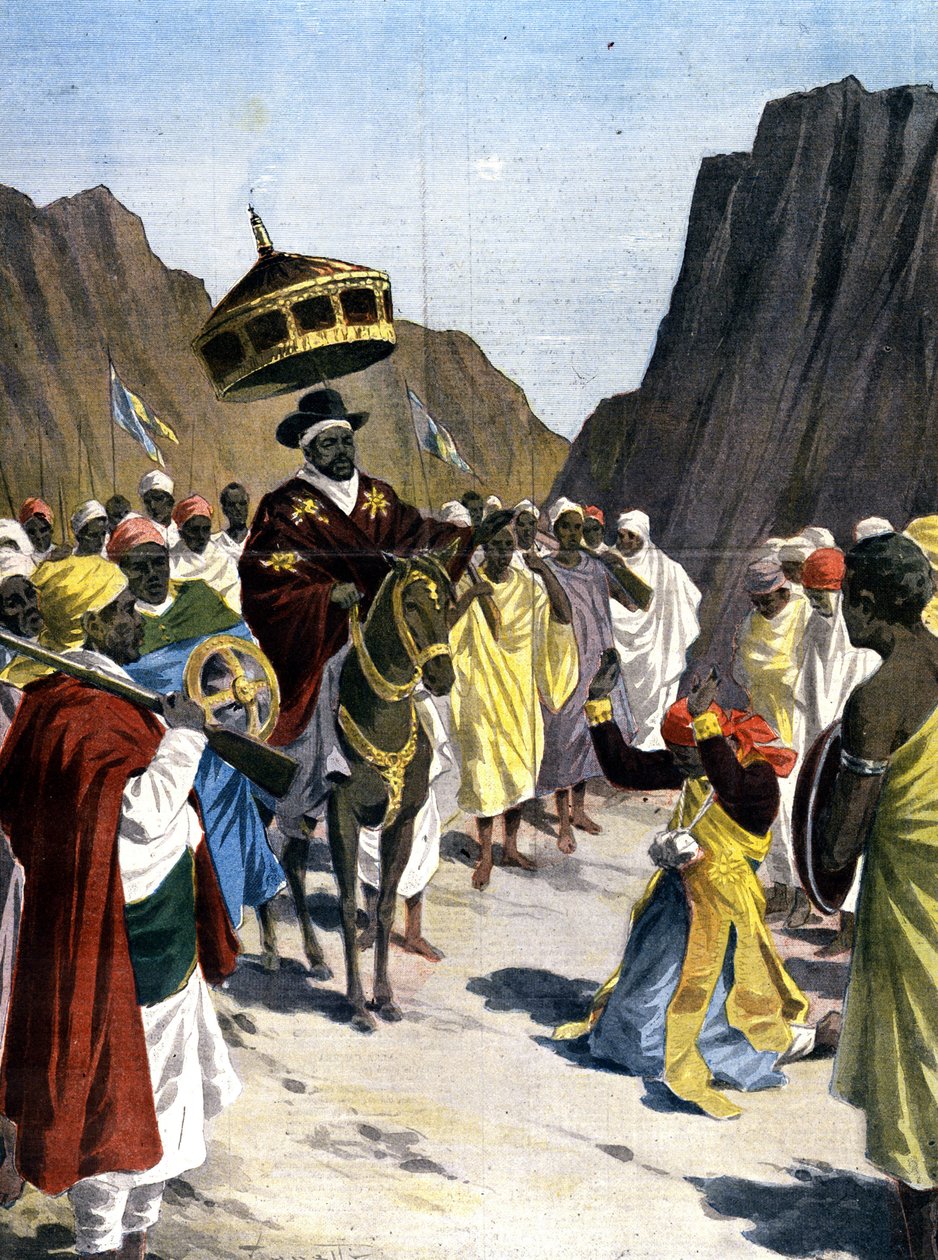 I Borumieda foretar Ras Mangacha, guvernør i Tigrai-provinsen (Tigray) i Abyssinia en underkastelse til Negus Menelik II (1844 - 1913) med steinen rundt halsen. 1899. Ill. silhuetten for pressen. av Unknown artist