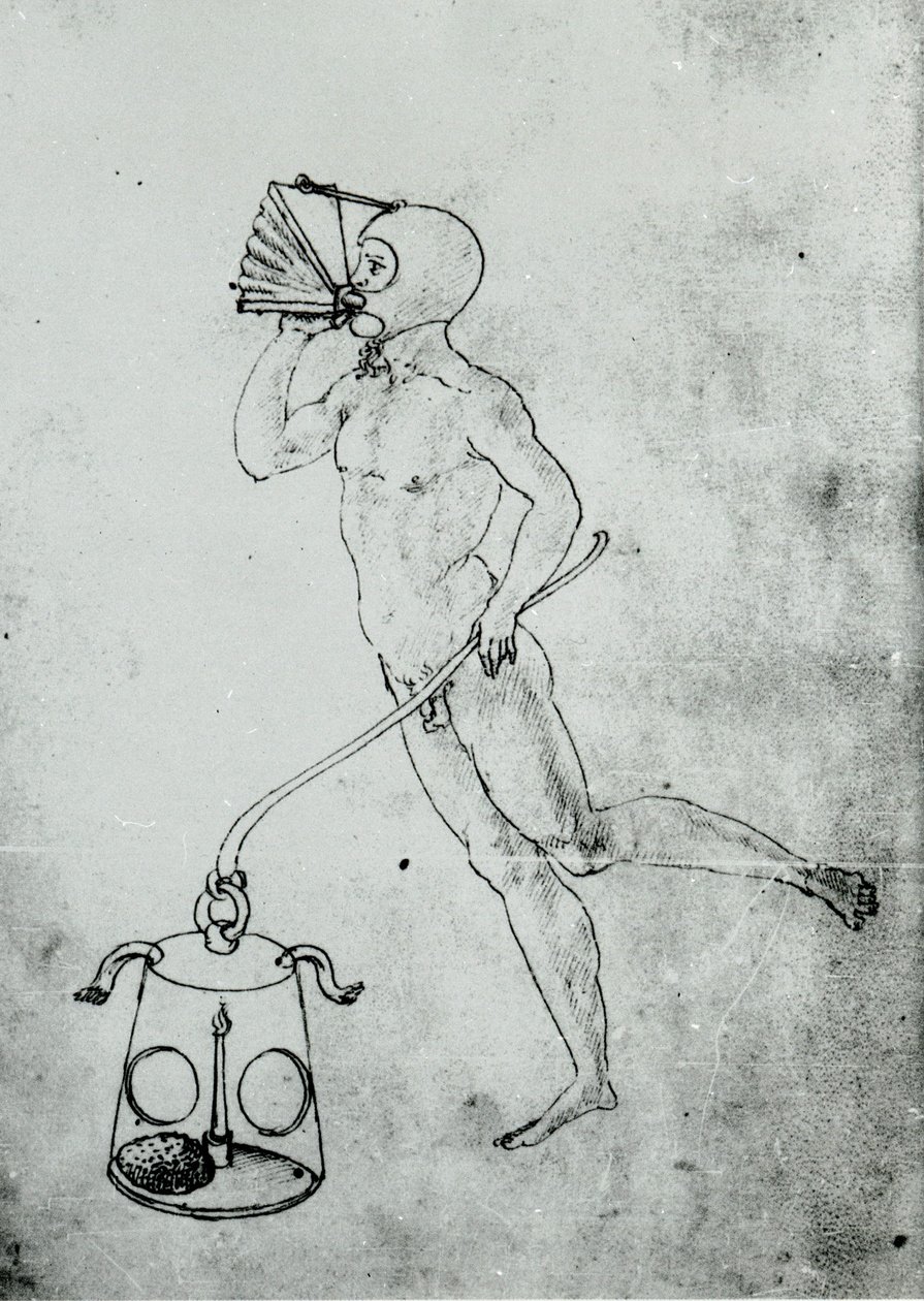 I et bind av Francesco di Giorgio vises denne tegningen som viser en belg for å puste under vann av Unknown artist