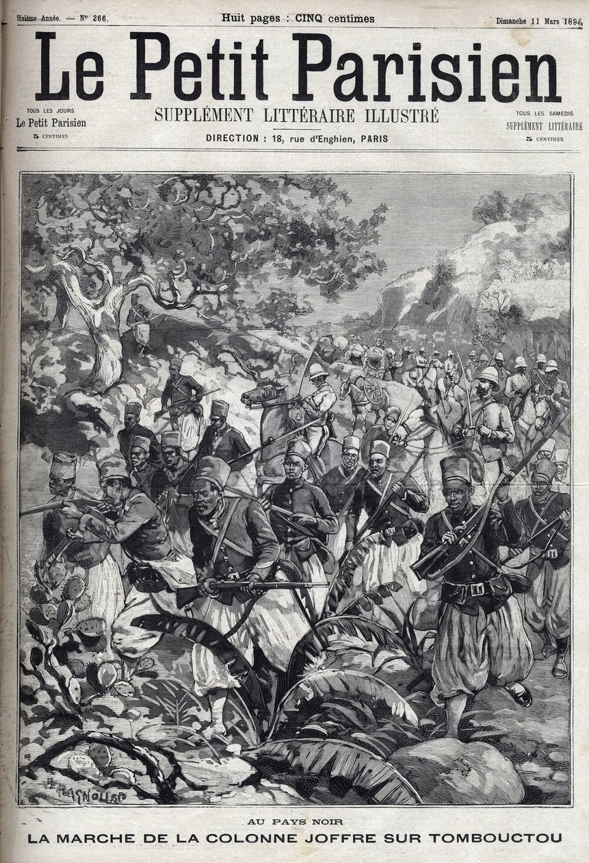 I de franske koloniene: marsj av kolonnen til general Joseph Joffre (1852-1931) og hans hær av spahis på Timbuktu (Mali). Gravering i "" Le Parisien"" av Unknown artist