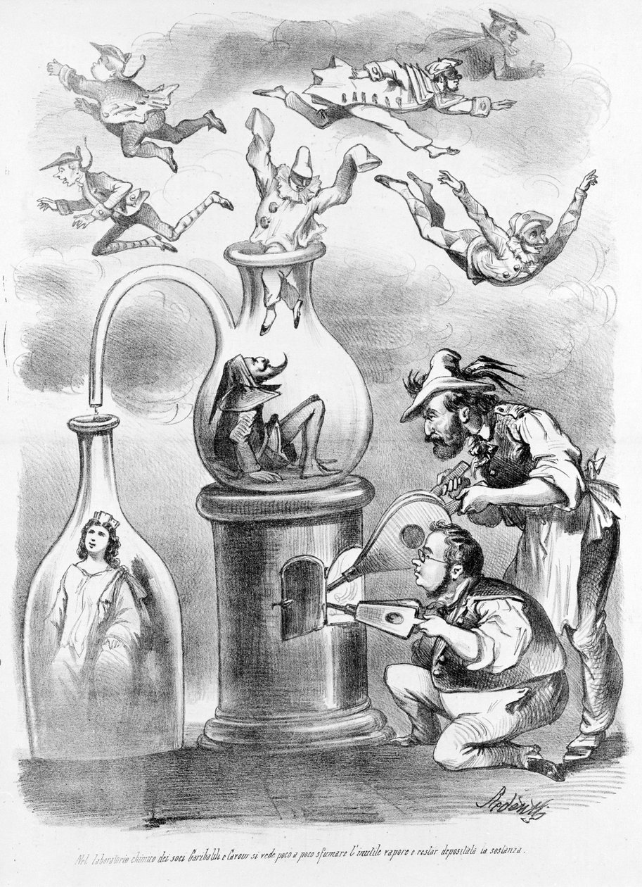I alkymi-laboratoriet til medarbeiderne Garibaldi e Cavour ser vi gradvis spre den unødvendige dampen (representert av maskene i de italienske regionene), og forbli substansen (Italia) karikaturen til den satiriske avisen Il Fischietto av Unknown artist