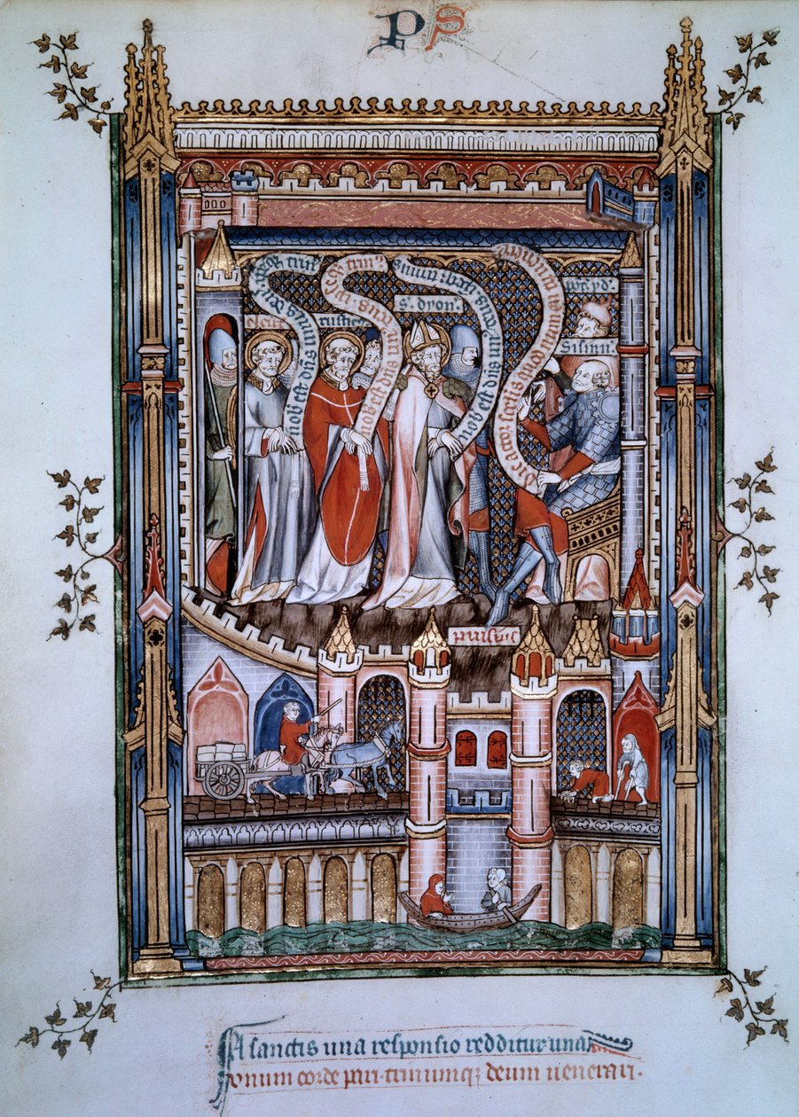 I sentrum av Saint Denis, vendt mot guvernør Fescennius, anklaget av keiser Diocletian for å henrette Saint Denis, en kristen som kom for å evangelisere Paris, ble han ledsaget av Eleuthere, presten, og Rustique, diakonen, også martyrer mellom 250 år. av Unknown artist