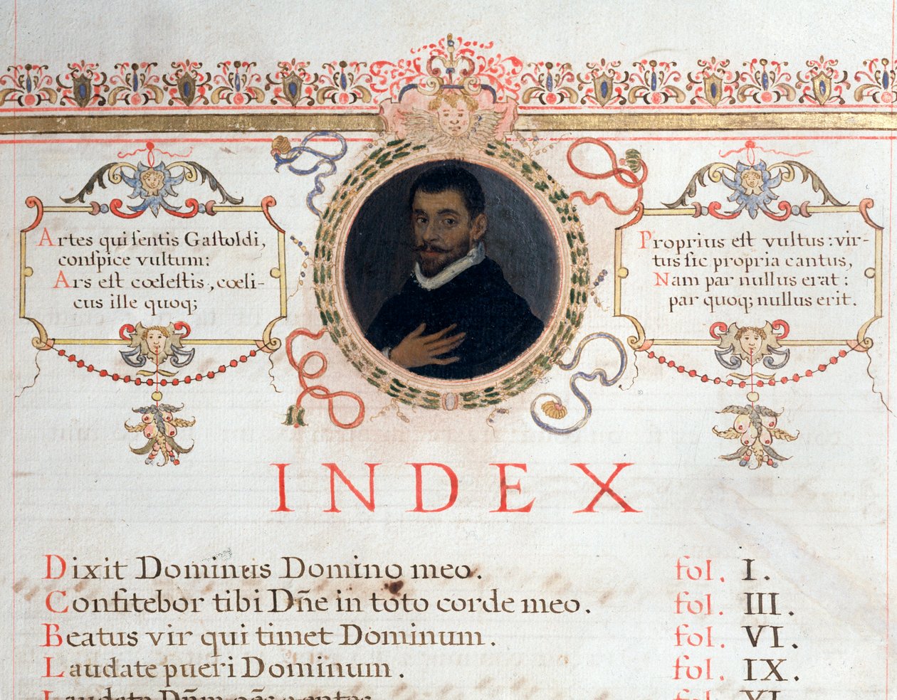 Indeksside med portrett av Giovanni Giacomo Gastoldi av Unknown artist