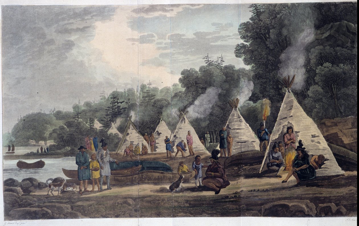 Indian Camp; i "Reiser gjennom Canada", av George Heriot, red. London av Unknown artist