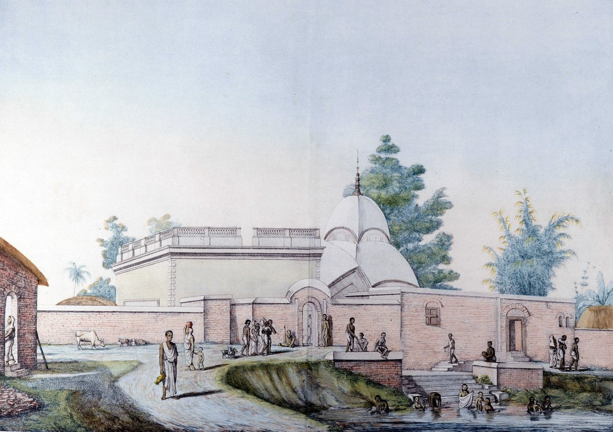Indisk kultur og sivilisasjon: Bad i elven Hooghly i Calcutta (eller Kolkata), India. Gravering 1808. av Unknown artist