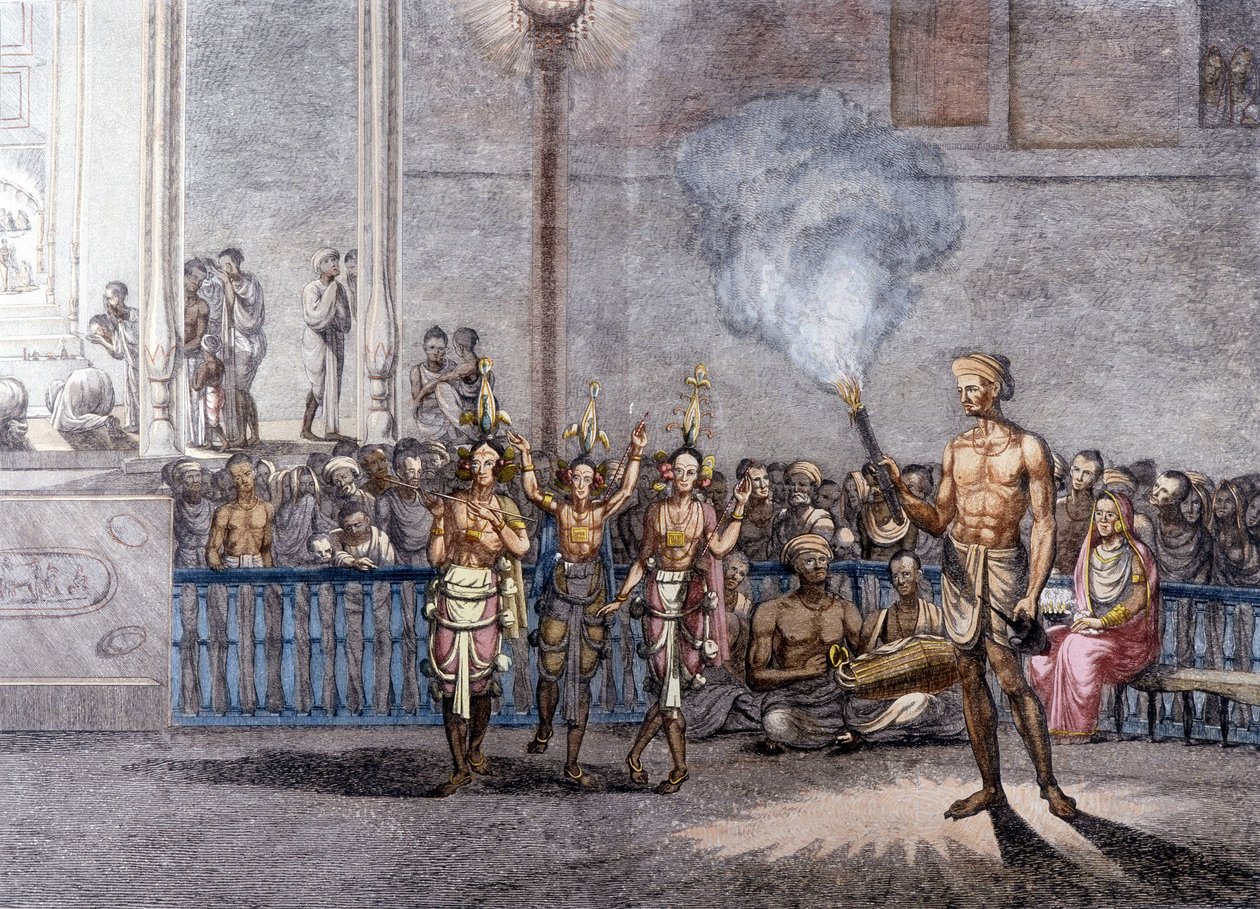 Indisk kultur og sivilisasjon: Dans til ære for Krishna (Krisna eller Krsna) guddom av Brahman i India. Gravering 1808. av Unknown artist