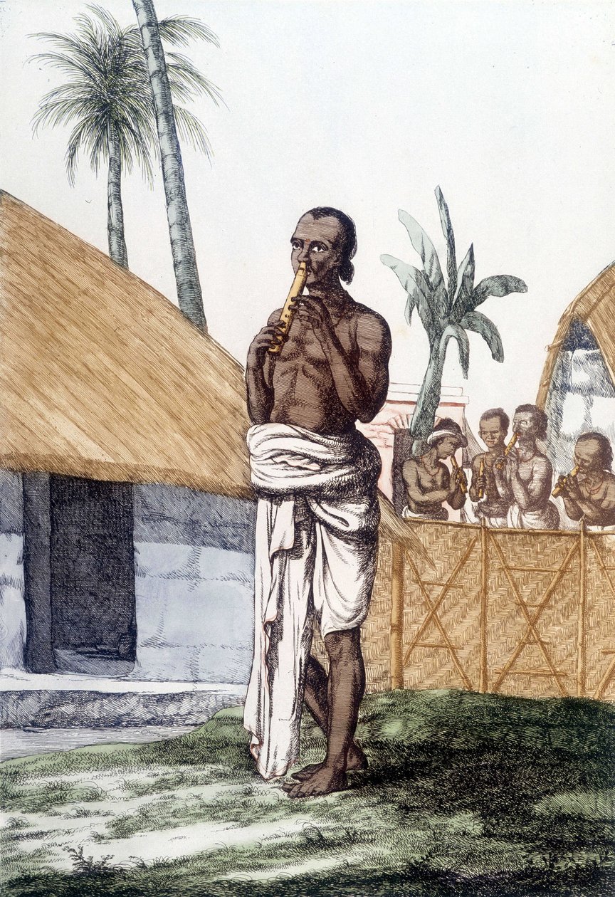 Indisk kultur og sivilisasjon: musiker som spiller bansuri-fløyte, tradisjonelt musikkinstrument, India. Gravering 1808. av Unknown artist